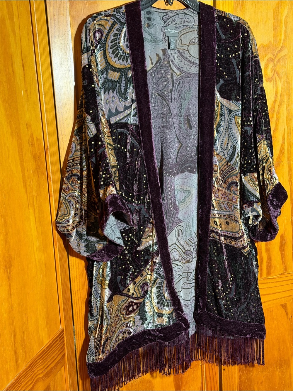 Deep Purple Burnout Velvet Paisley Kimono -Gold, Black|Sz L/XL/Boho, Hippie,Art